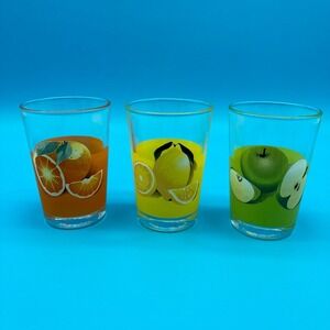 Vintage Pasabahce Fruit Juice Glasses Set of 3 Retro Lemon Orange Apple Turkey